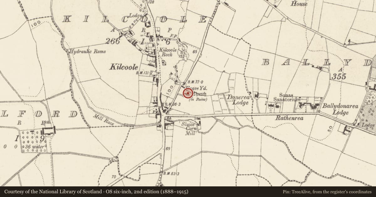 Ordnance Survey six-inch map, 2nd edition (1888–1915) covering the location of Church, Kilcoole, County Wicklow, with a pin at the register's coordinates