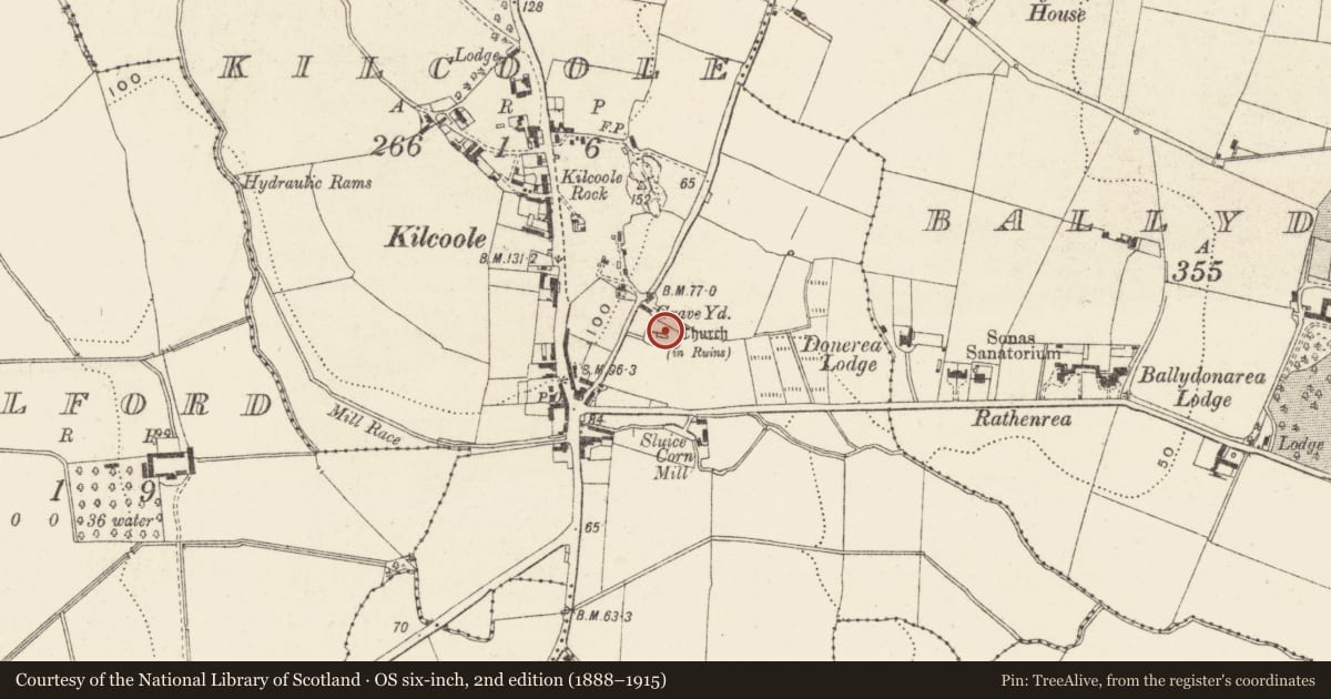 Ordnance Survey six-inch map, 2nd edition (1888–1915) covering the location of Graveyard, Kilcoole, County Wicklow, with a pin at the register's coordinates