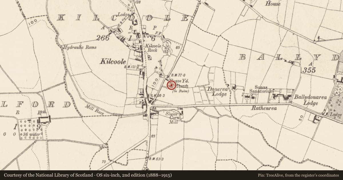Ordnance Survey six-inch map, 2nd edition (1888–1915) covering the location of Font, Kilcoole, County Wicklow, with a pin at the register's coordinates