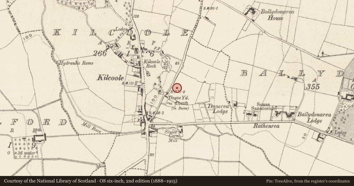 Ordnance Survey six-inch map, 2nd edition (1888–1915) covering the location of Furnace, Kilcoole, County Wicklow, with a pin at the register's coordinates