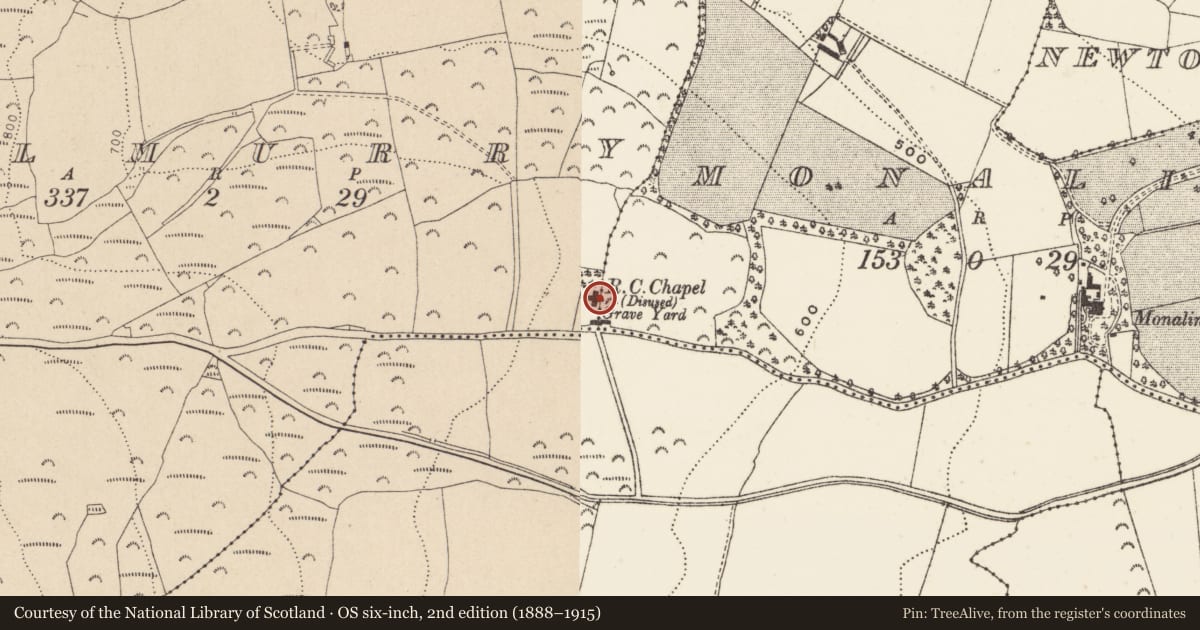 Ordnance Survey six-inch map, 2nd edition (1888–1915) covering the location of Church, Kilmurry, County Wicklow, with a pin at the register's coordinates