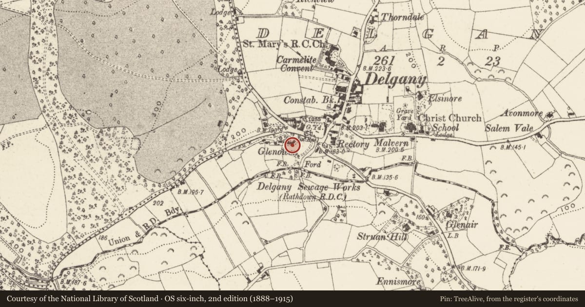 Ordnance Survey six-inch map, 2nd edition (1888–1915) covering the location of Bullaun stone, Delgany, County Wicklow, with a pin at the register's coordinates