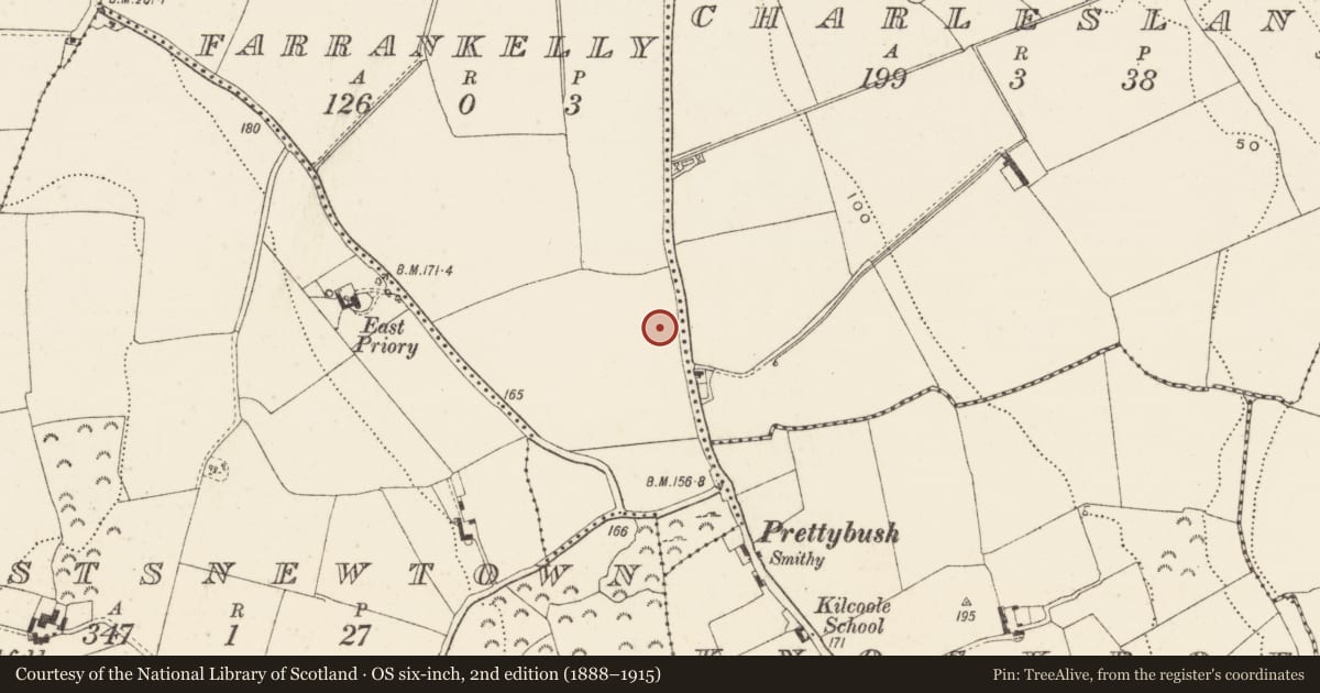 Ordnance Survey six-inch map, 2nd edition (1888–1915) covering the location of Habitation site, Farrankelly, County Wicklow, with a pin at the register's coordinates
