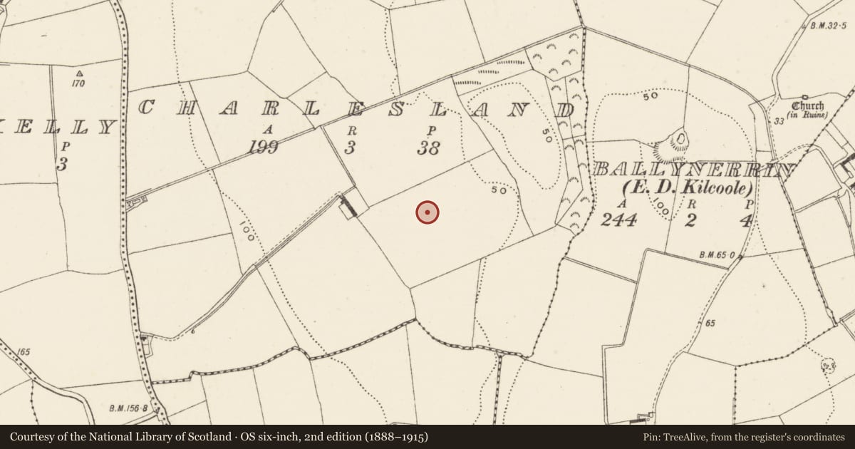 Ordnance Survey six-inch map, 2nd edition (1888–1915) covering the location of Habitation site, Charlesland, County Wicklow, with a pin at the register's coordinates