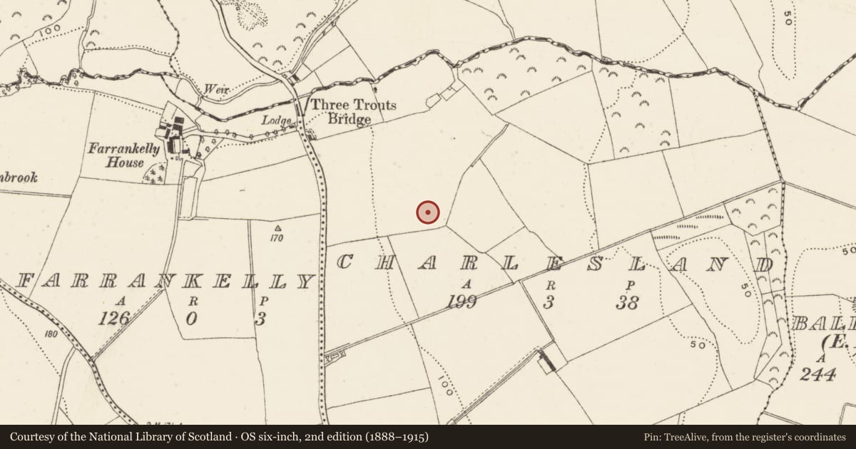 Ordnance Survey six-inch map, 2nd edition (1888–1915) covering the location of Habitation site, Charlesland, County Wicklow, with a pin at the register's coordinates