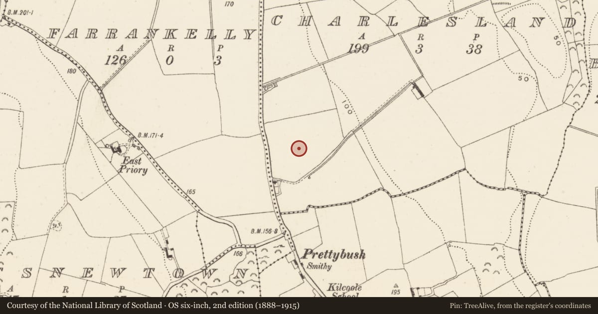 Ordnance Survey six-inch map, 2nd edition (1888–1915) covering the location of Ring-ditch, Charlesland, County Wicklow, with a pin at the register's coordinates