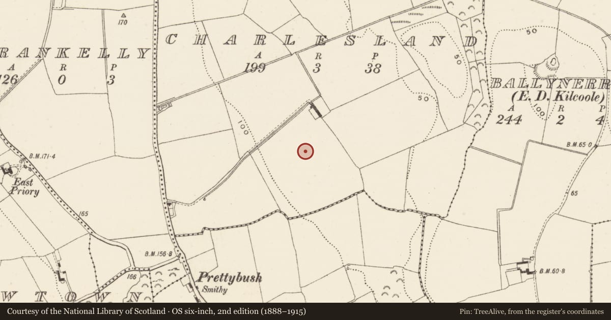Ordnance Survey six-inch map, 2nd edition (1888–1915) covering the location of Habitation site, Charlesland, County Wicklow, with a pin at the register's coordinates