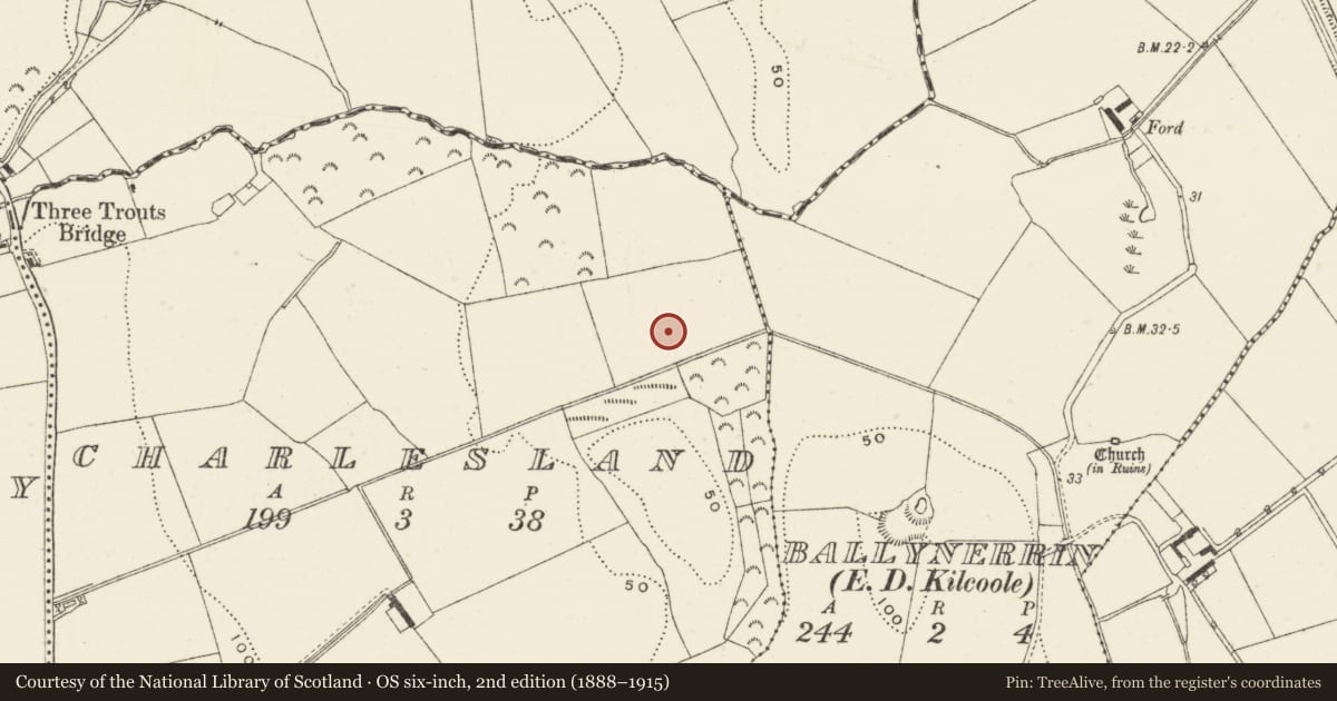 Ordnance Survey six-inch map, 2nd edition (1888–1915) covering the location of Burnt mound, Charlesland, County Wicklow, with a pin at the register's coordinates