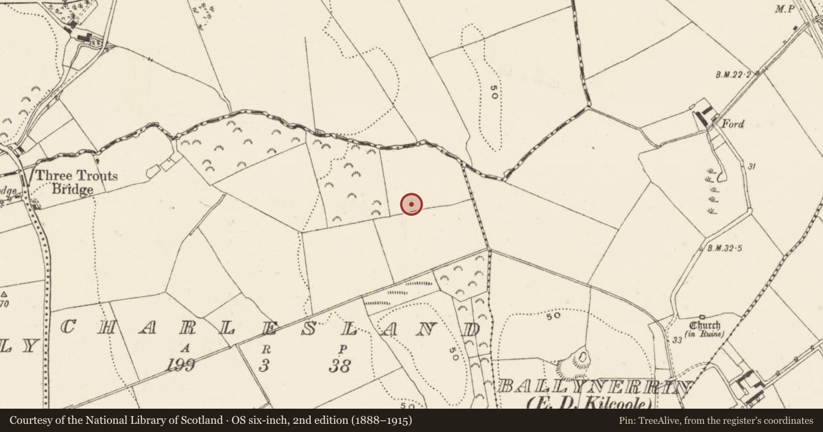 Ordnance Survey six-inch map, 2nd edition (1888–1915) covering the location of Burnt mound, Charlesland, County Wicklow, with a pin at the register's coordinates