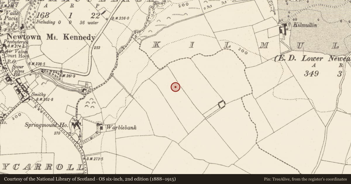 Ordnance Survey six-inch map, 2nd edition (1888–1915) covering the location of Enclosure, Kilmullin, County Wicklow, with a pin at the register's coordinates