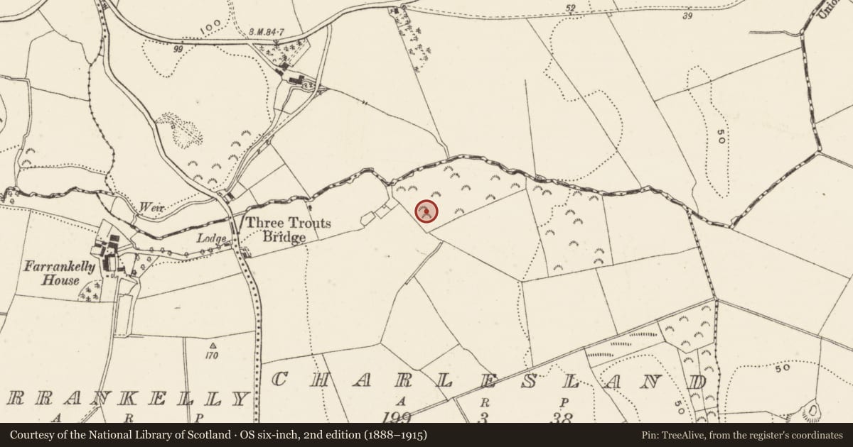 Ordnance Survey six-inch map, 2nd edition (1888–1915) covering the location of Kiln - corn-drying, Charlesland, County Wicklow, with a pin at the register's coordinates