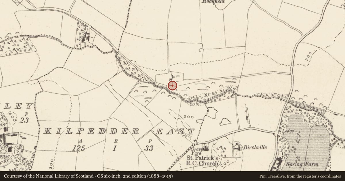 Ordnance Survey six-inch map, 2nd edition (1888–1915) covering the location of Fulacht fia, Priestsnewtown, County Wicklow, with a pin at the register's coordinates