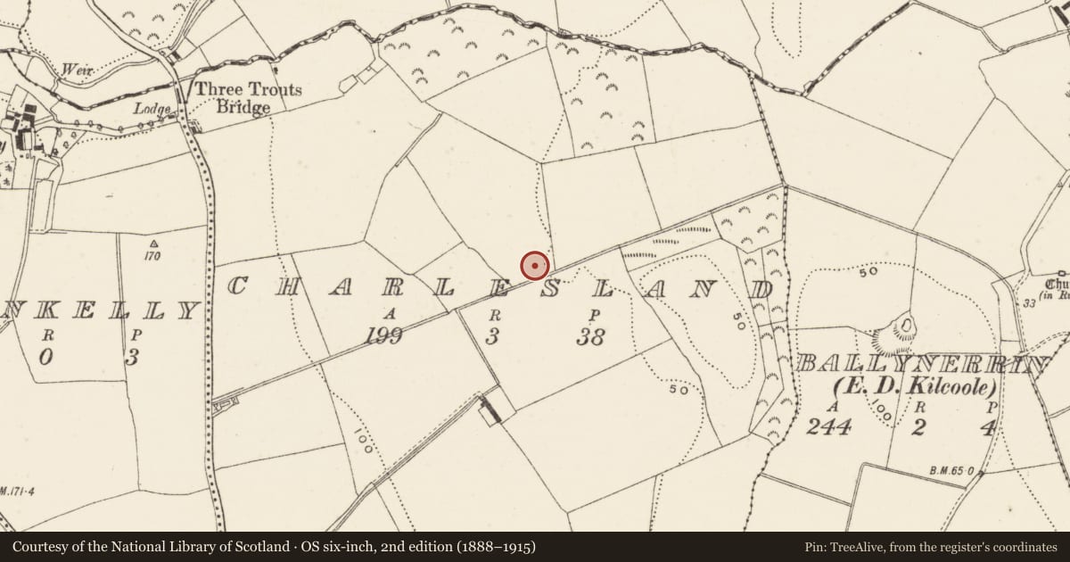 Ordnance Survey six-inch map, 2nd edition (1888–1915) covering the location of Fulacht fia, Charlesland, County Wicklow, with a pin at the register's coordinates