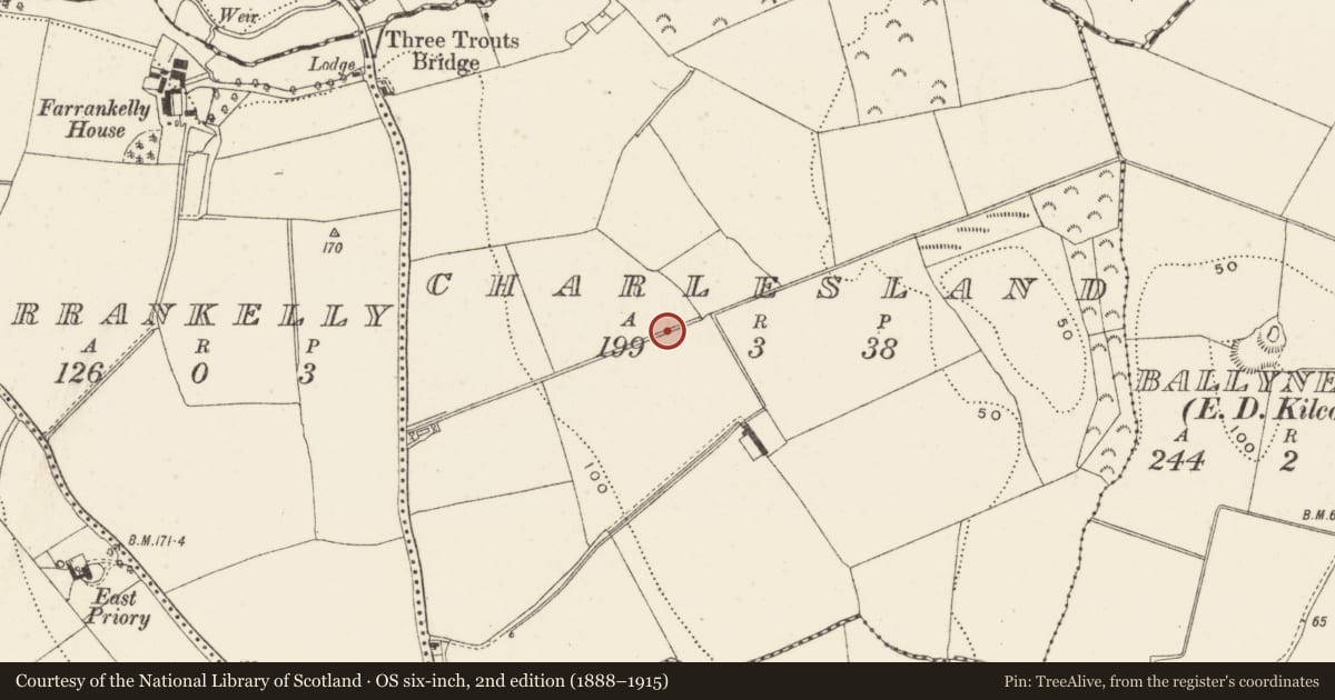 Ordnance Survey six-inch map, 2nd edition (1888–1915) covering the location of Urn burial, Charlesland, County Wicklow, with a pin at the register's coordinates