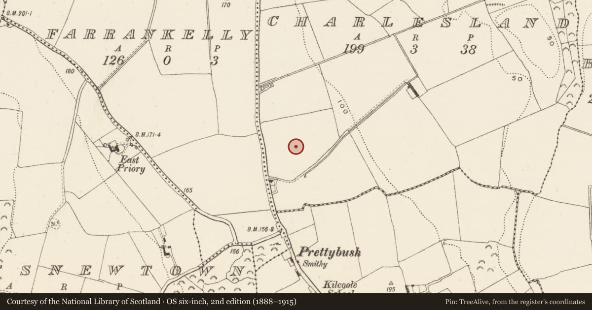 Ordnance Survey six-inch map, 2nd edition (1888–1915) covering the location of Cremation pit, Charlesland, County Wicklow, with a pin at the register's coordinates