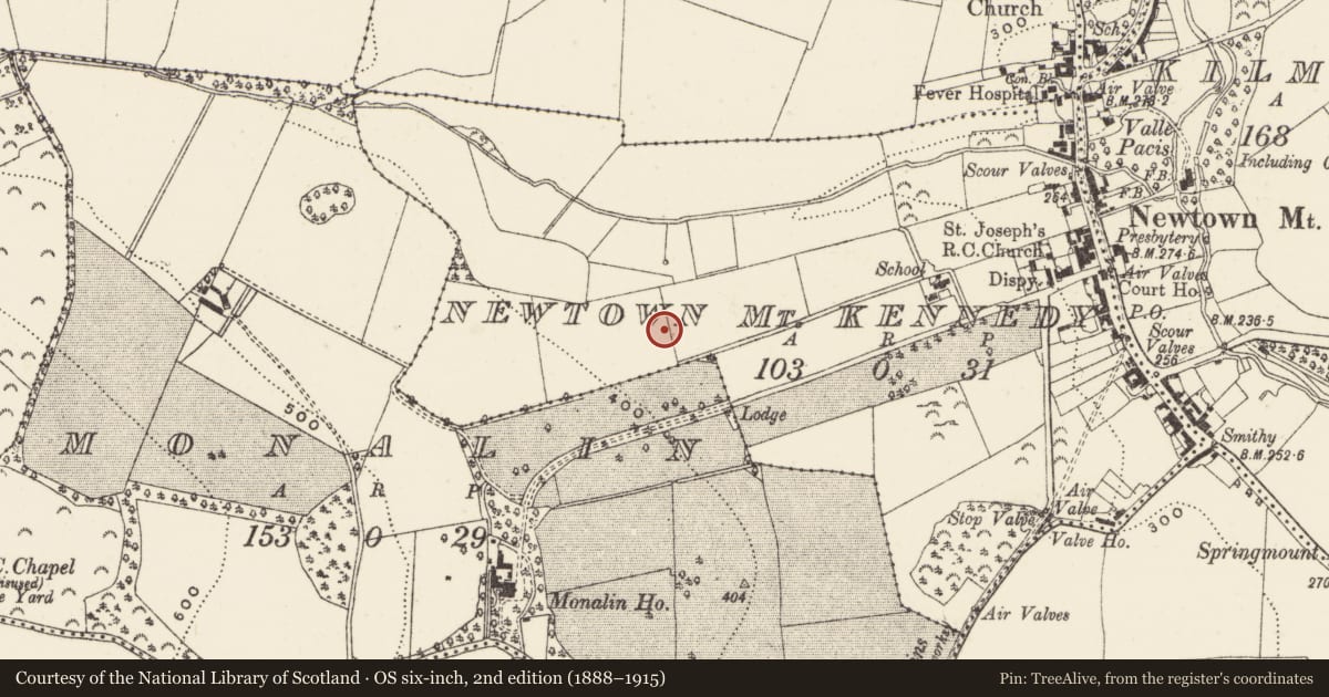 Ordnance Survey six-inch map, 2nd edition (1888–1915) covering the location of Kiln, Newtown Mt. Kennedy, County Wicklow, with a pin at the register's coordinates