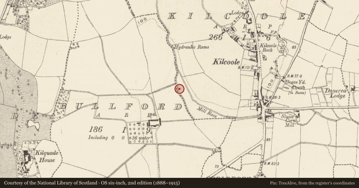 Ordnance Survey six-inch map, 2nd edition (1888–1915) covering the location of Burnt spread, Kilcoole, County Wicklow, with a pin at the register's coordinates