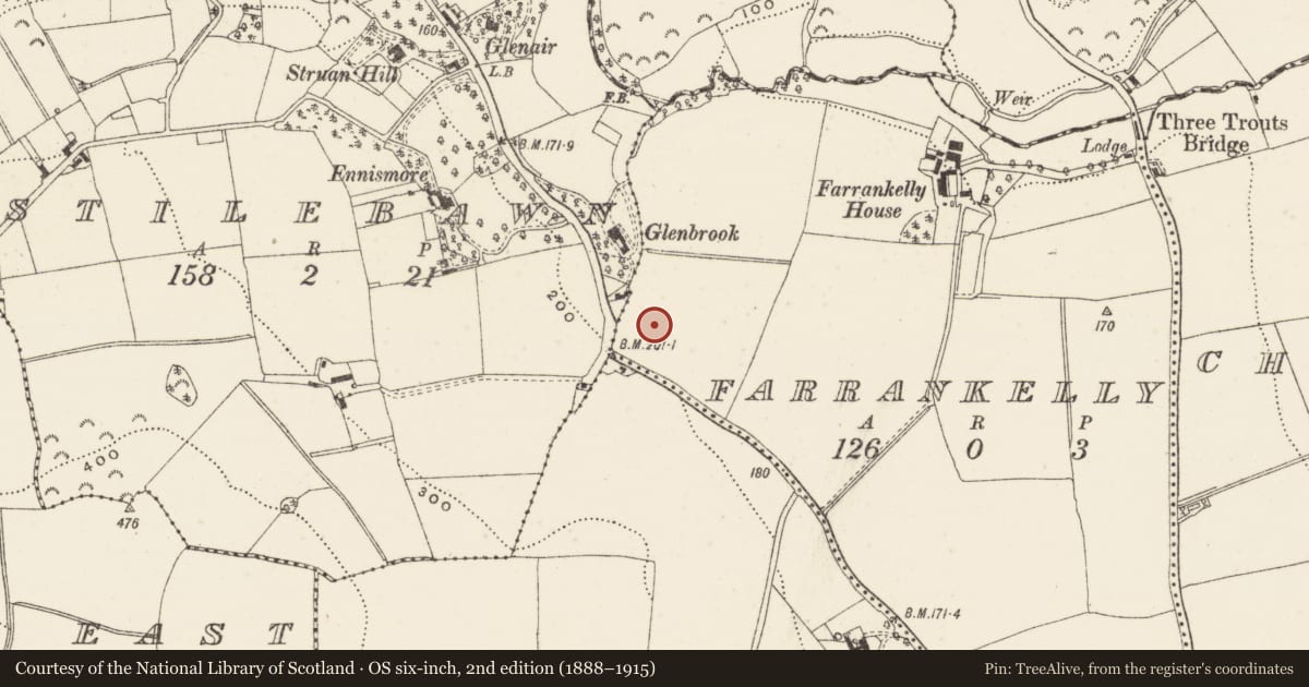 Ordnance Survey six-inch map, 2nd edition (1888–1915) covering the location of Ring-ditch, Farrankelly, County Wicklow, with a pin at the register's coordinates