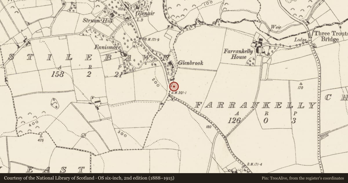 Ordnance Survey six-inch map, 2nd edition (1888–1915) covering the location of Burnt spread, Farrankelly, County Wicklow, with a pin at the register's coordinates