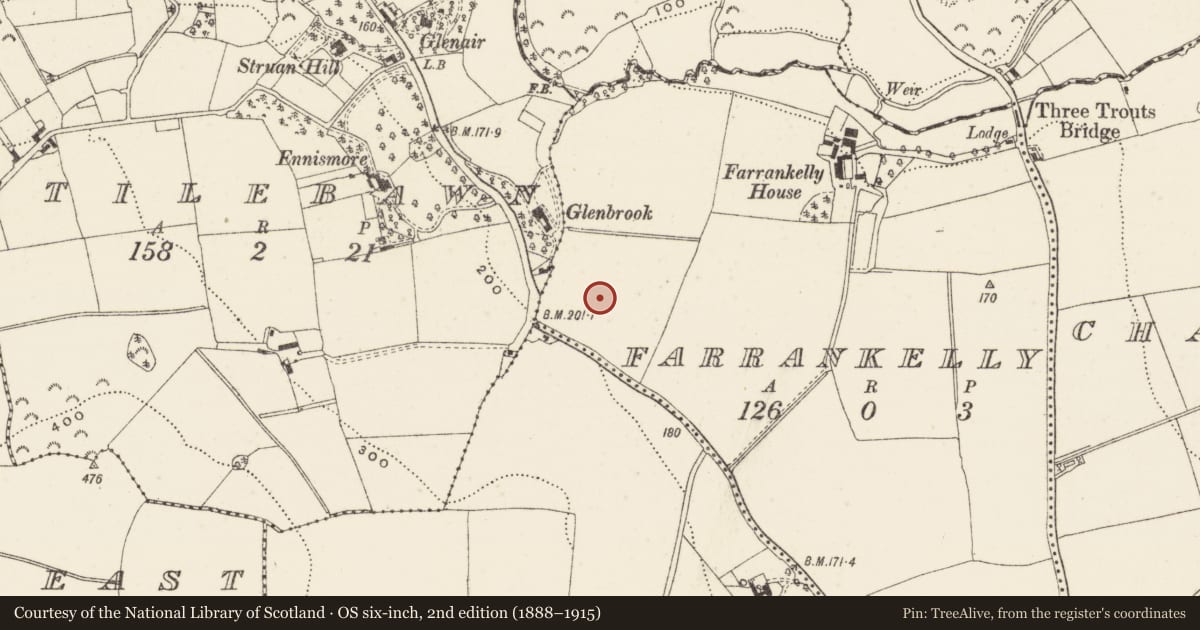 Ordnance Survey six-inch map, 2nd edition (1888–1915) covering the location of Kiln, Farrankelly, County Wicklow, with a pin at the register's coordinates