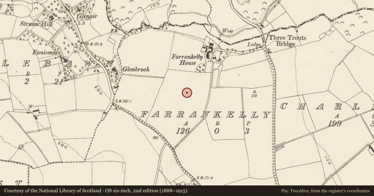 Ordnance Survey six-inch map, 2nd edition (1888–1915) covering the location of Burial ground, Farrankelly, County Wicklow, with a pin at the register's coordinates
