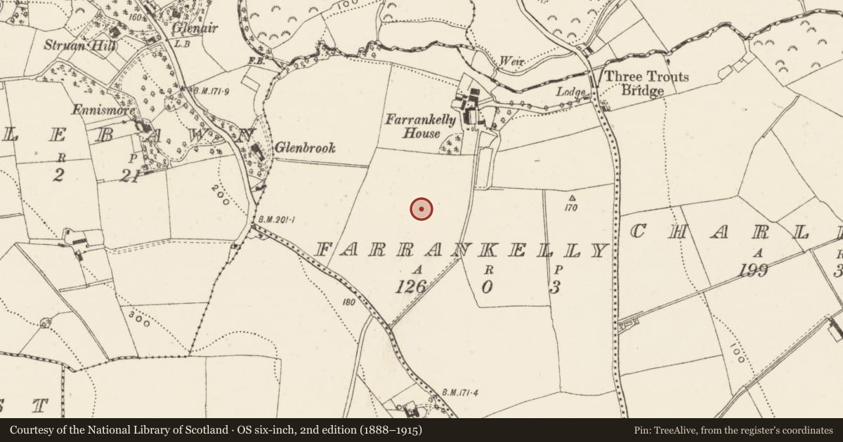Ordnance Survey six-inch map, 2nd edition (1888–1915) covering the location of Kiln, Farrankelly, County Wicklow, with a pin at the register's coordinates