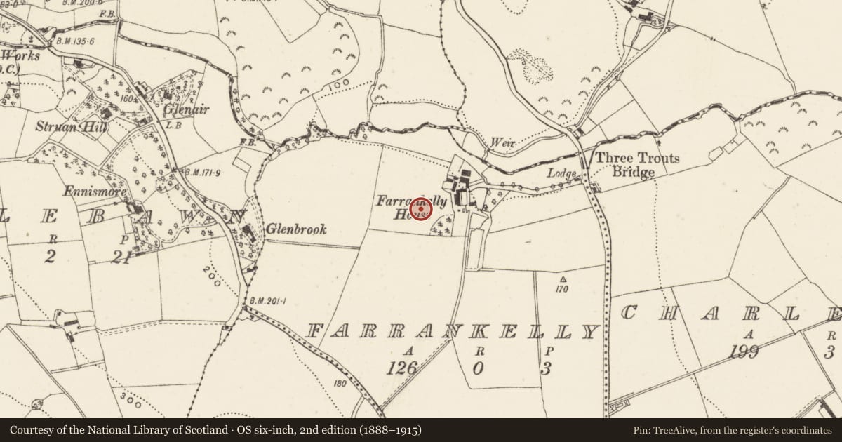 Ordnance Survey six-inch map, 2nd edition (1888–1915) covering the location of Kiln - corn-drying, Farrankelly, County Wicklow, with a pin at the register's coordinates