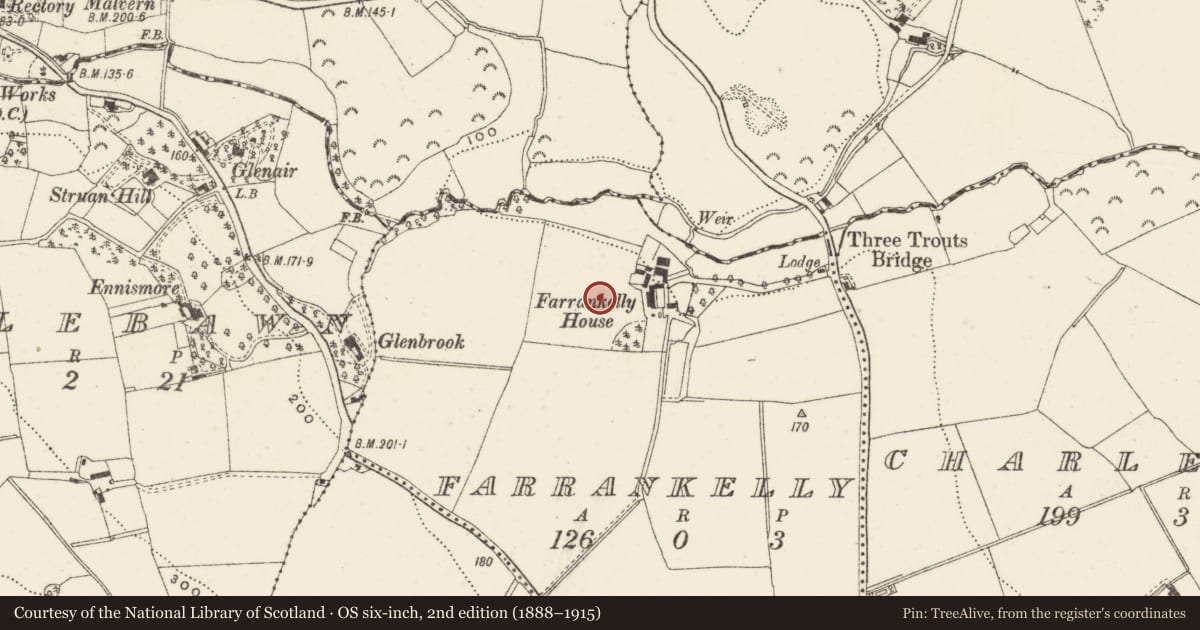 Ordnance Survey six-inch map, 2nd edition (1888–1915) covering the location of Metalworking site, Farrankelly, County Wicklow, with a pin at the register's coordinates