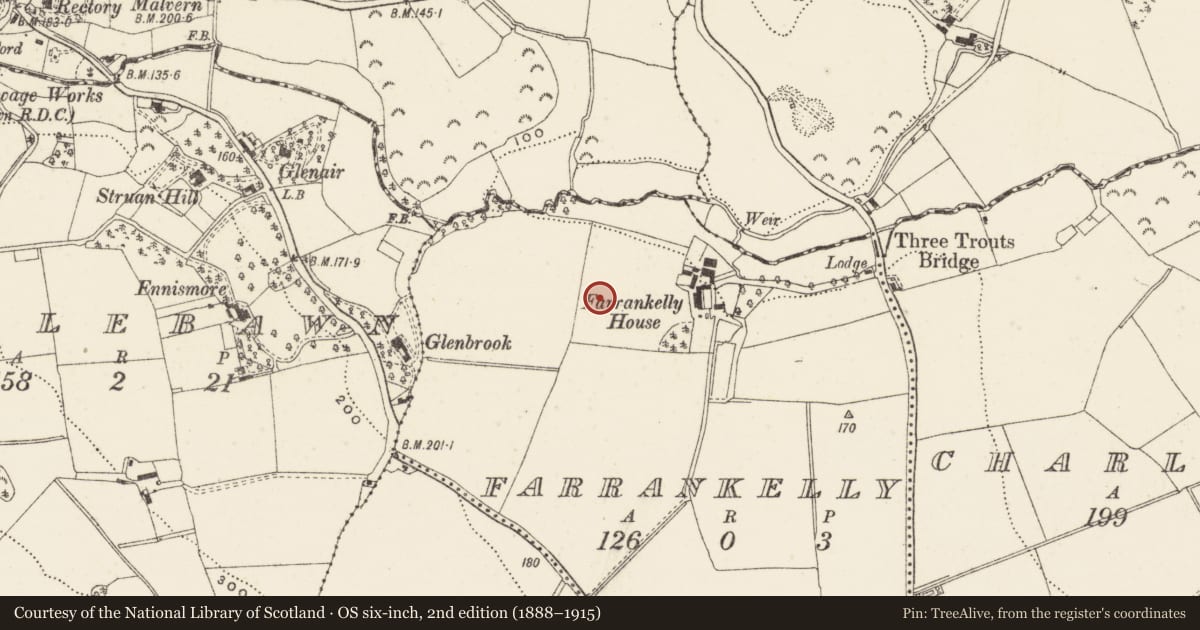 Ordnance Survey six-inch map, 2nd edition (1888–1915) covering the location of Cremation pit, Farrankelly, County Wicklow, with a pin at the register's coordinates