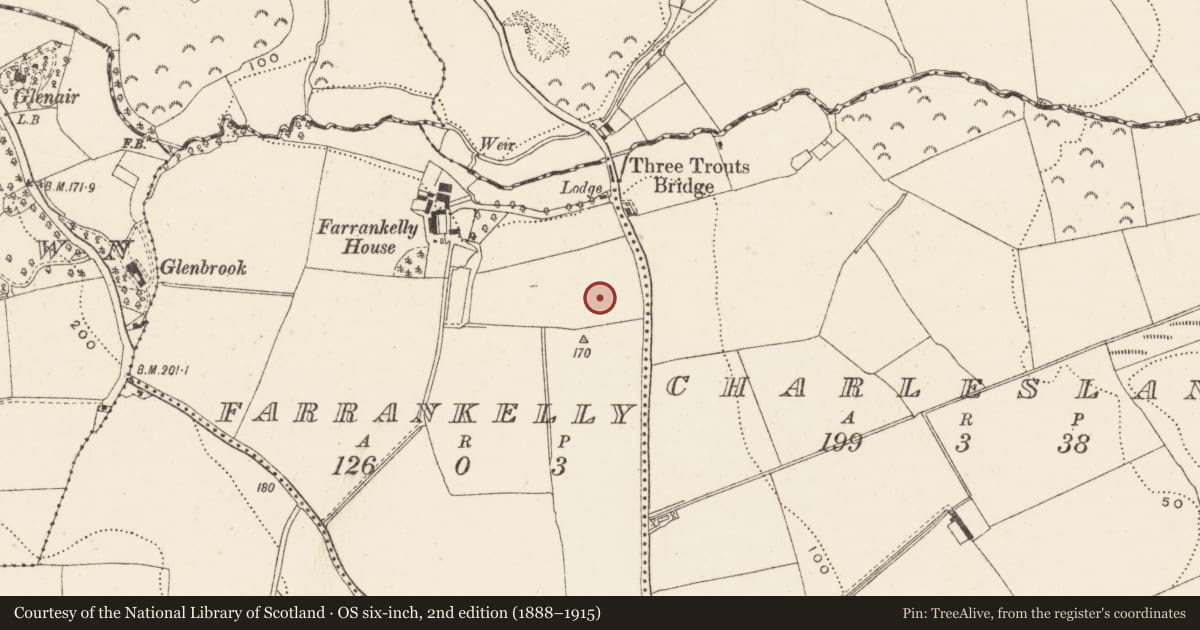 Ordnance Survey six-inch map, 2nd edition (1888–1915) covering the location of Barrow - ditch barrow, Farrankelly, County Wicklow, with a pin at the register's coordinates