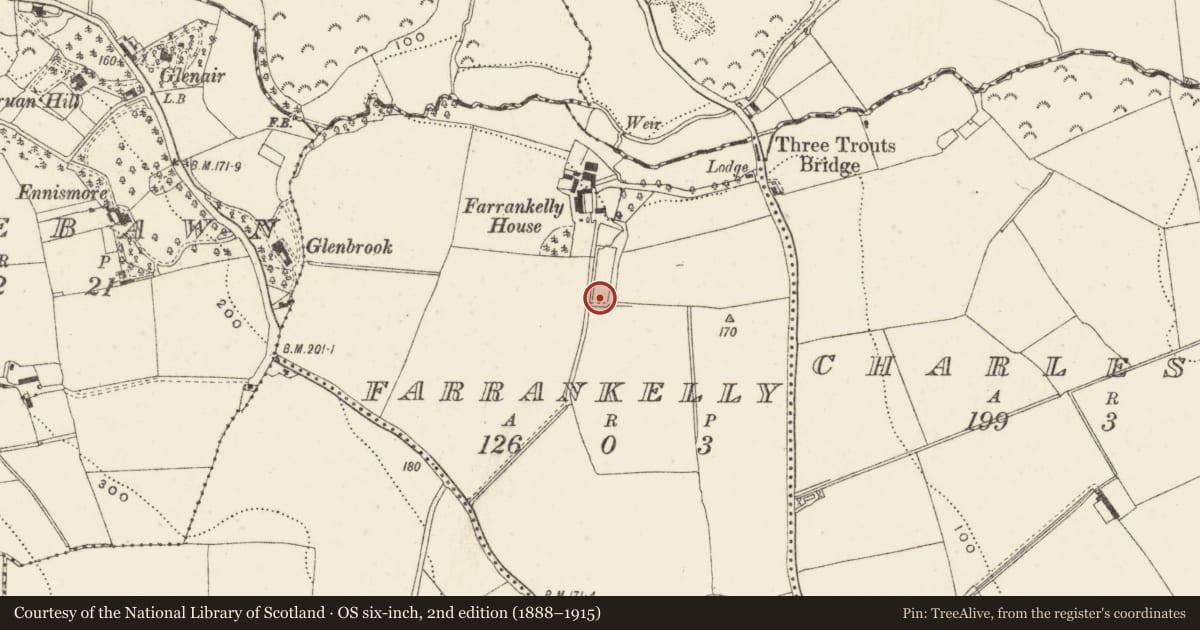 Ordnance Survey six-inch map, 2nd edition (1888–1915) covering the location of Burnt mound, Farrankelly, County Wicklow, with a pin at the register's coordinates