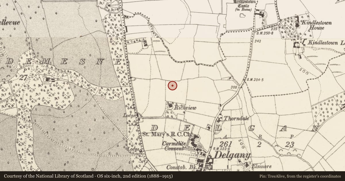 Ordnance Survey six-inch map, 2nd edition (1888–1915) covering the location of Cremation pit, Delgany, County Wicklow, with a pin at the register's coordinates