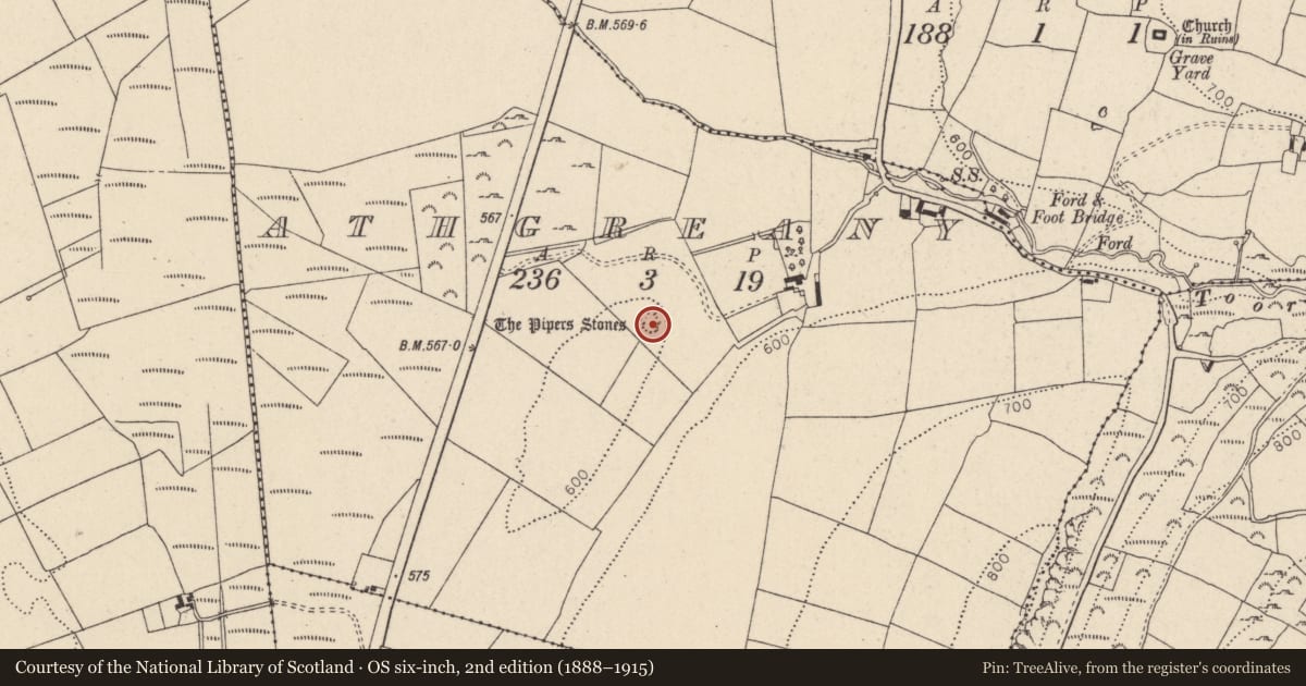 Ordnance Survey six-inch map, 2nd edition (1888–1915) covering the location of Stone circle, Athgreany, County Wicklow, with a pin at the register's coordinates