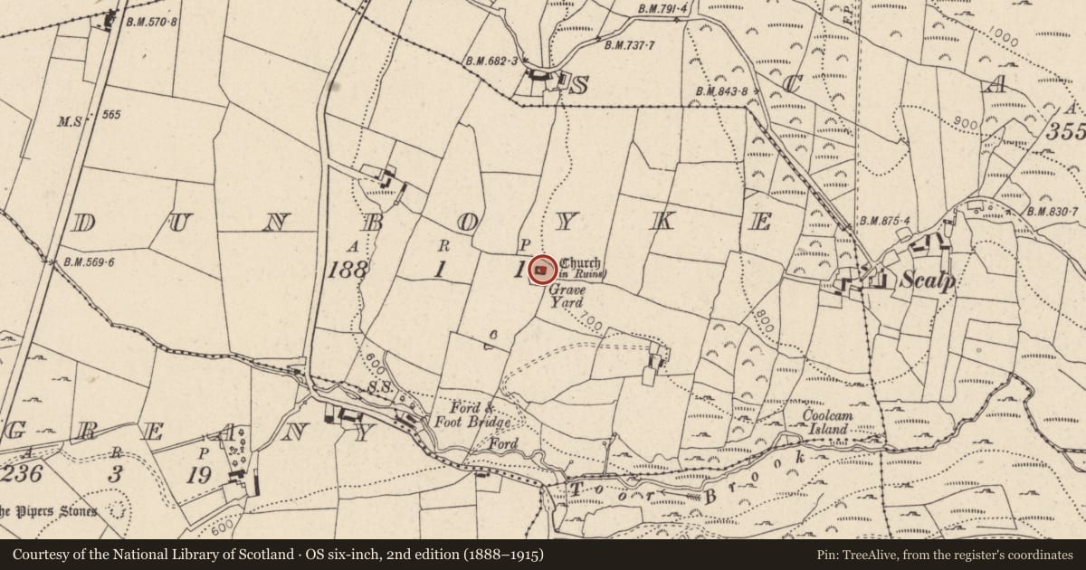 Ordnance Survey six-inch map, 2nd edition (1888–1915) covering the location of Graveyard, Dunboyke, County Wicklow, with a pin at the register's coordinates