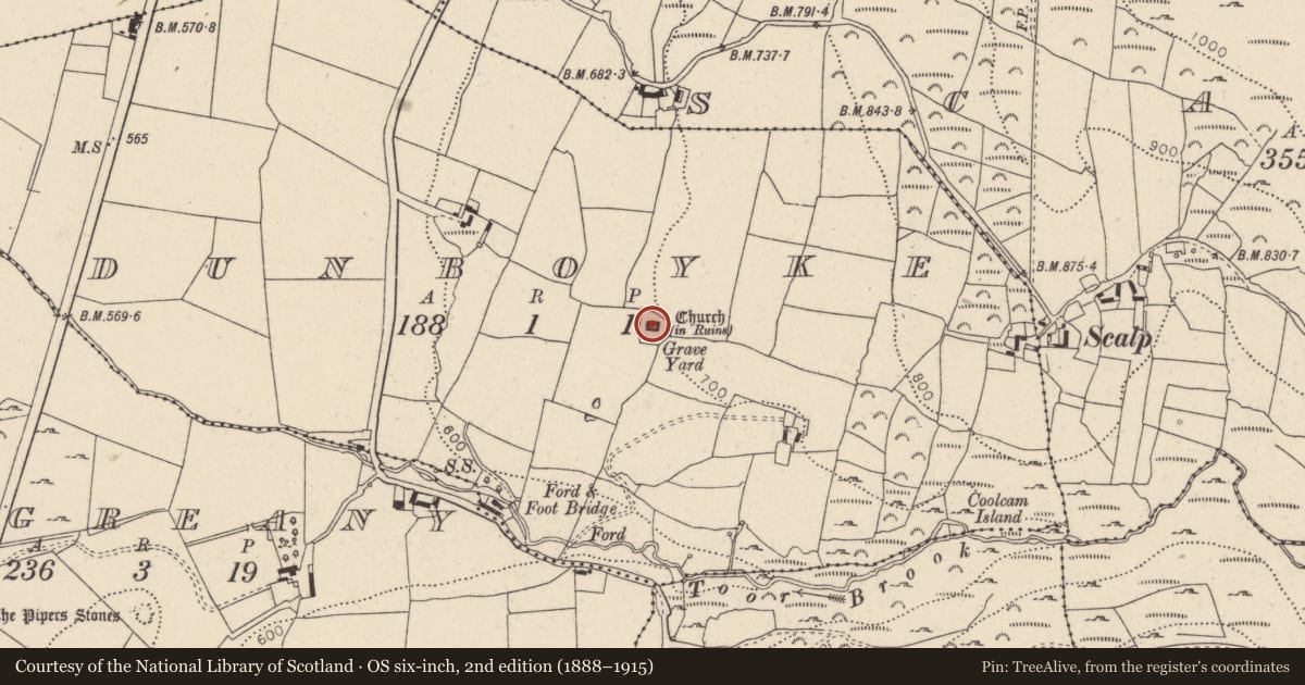 Ordnance Survey six-inch map, 2nd edition (1888–1915) covering the location of Graveslab, Dunboyke, County Wicklow, with a pin at the register's coordinates