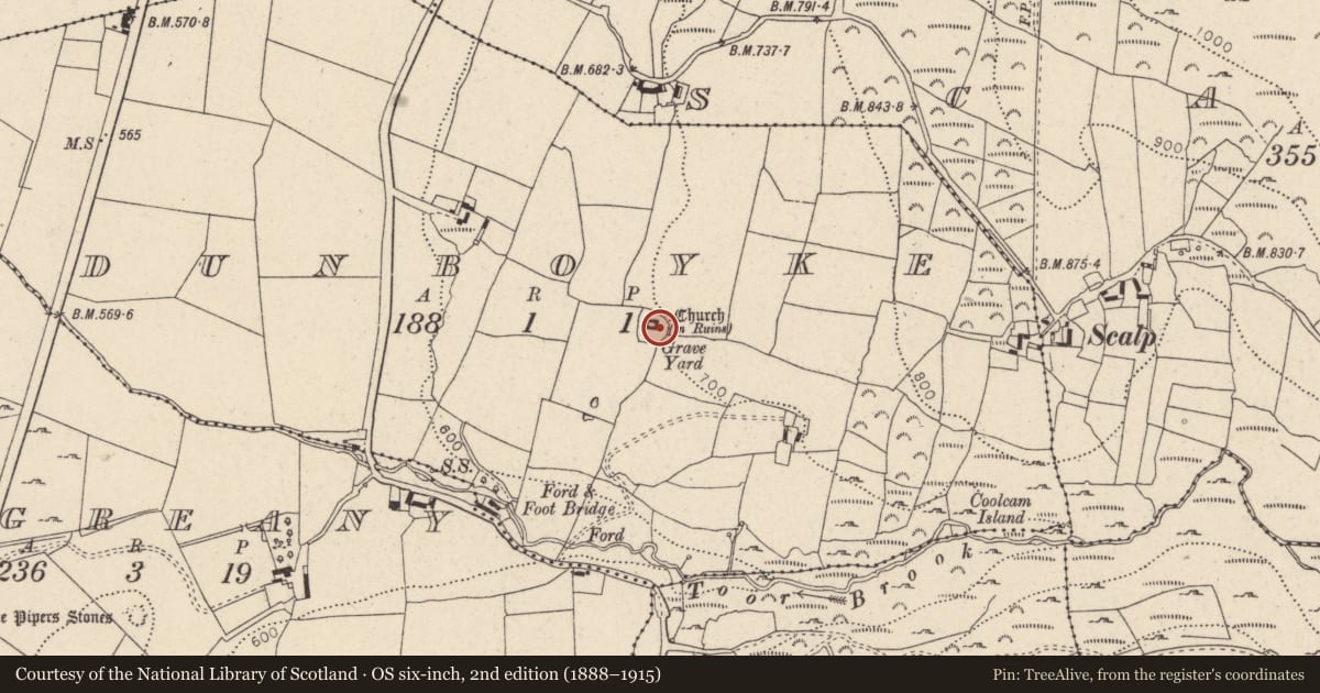 Ordnance Survey six-inch map, 2nd edition (1888–1915) covering the location of Graveslab, Dunboyke, County Wicklow, with a pin at the register's coordinates