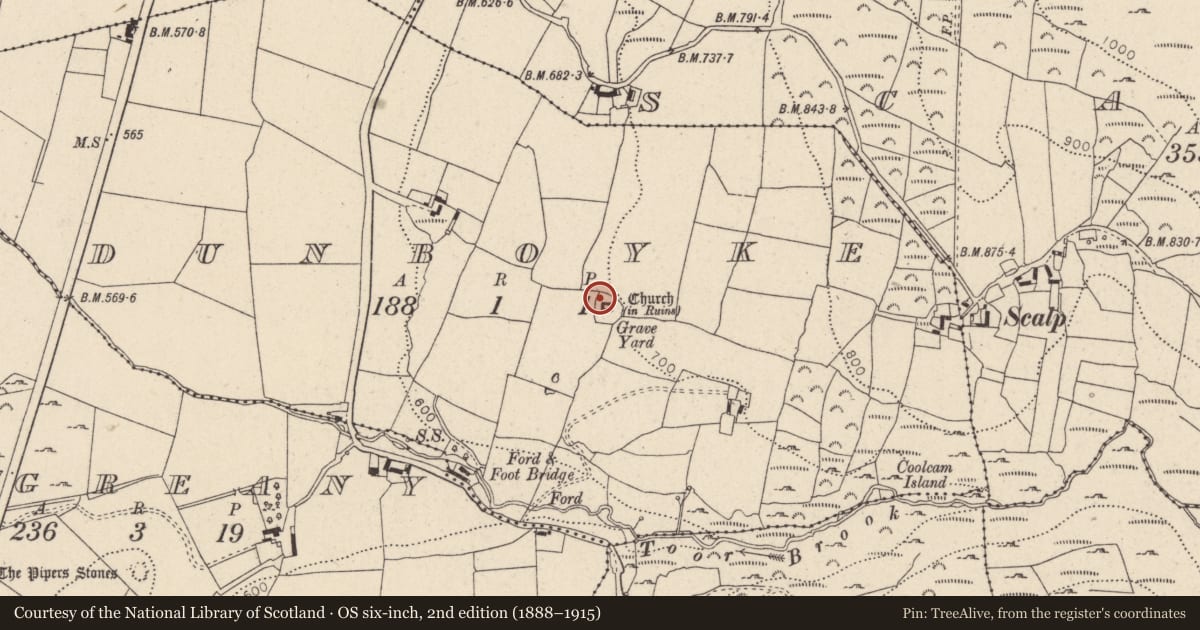 Ordnance Survey six-inch map, 2nd edition (1888–1915) covering the location of Bullaun stone, Dunboyke, County Wicklow, with a pin at the register's coordinates