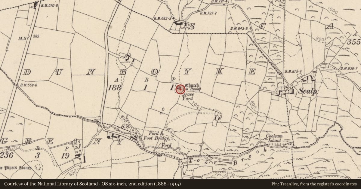 Ordnance Survey six-inch map, 2nd edition (1888–1915) covering the location of Graveslab, Dunboyke, County Wicklow, with a pin at the register's coordinates