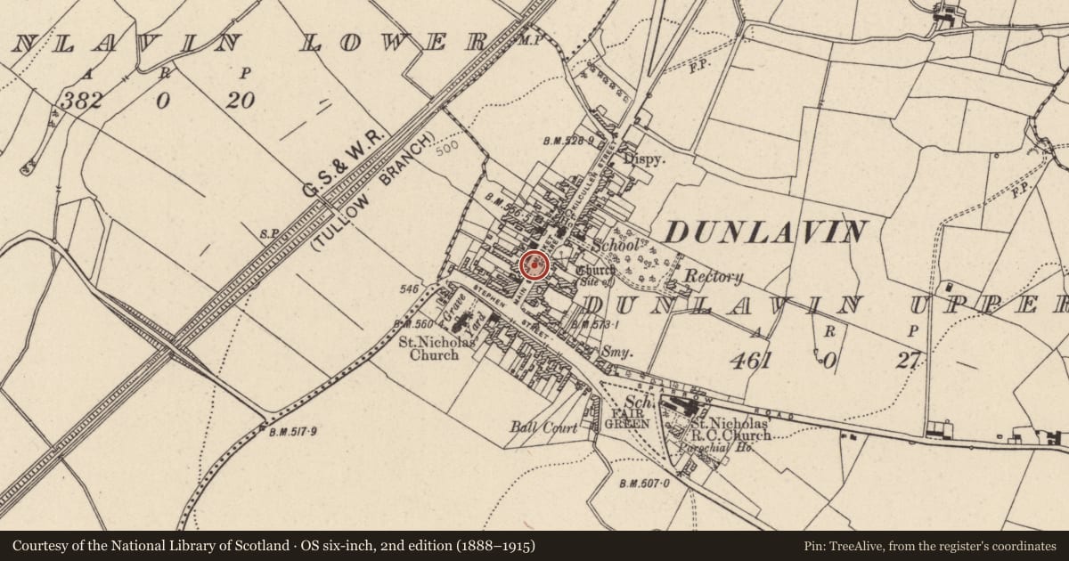 Ordnance Survey six-inch map, 2nd edition (1888–1915) covering the location of Historic town, Dunlavin Upper, Dunlavin Lower, County Wicklow, with a pin at the register's coordinates