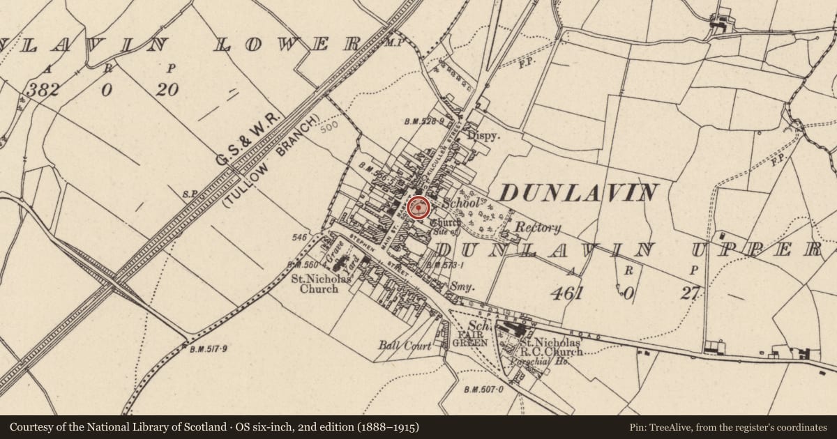 Ordnance Survey six-inch map, 2nd edition (1888–1915) covering the location of Graveslab, Dunlavin Upper, County Wicklow, with a pin at the register's coordinates