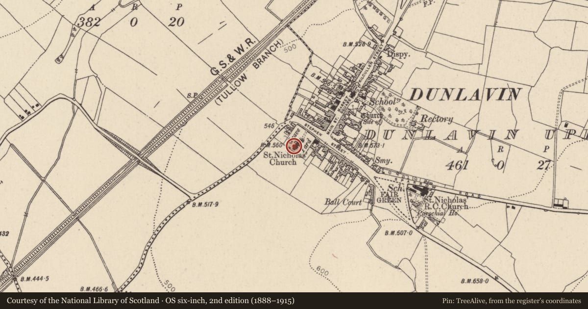 Ordnance Survey six-inch map, 2nd edition (1888–1915) covering the location of Memorial stone, Dunlavin Upper, County Wicklow, with a pin at the register's coordinates