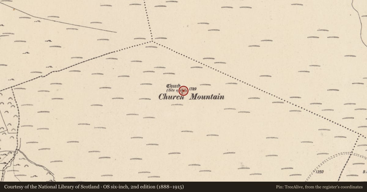 Ordnance Survey six-inch map, 2nd edition (1888–1915) covering the location of Ritual site - holy well, Ballymooney, County Wicklow, with a pin at the register's coordinates