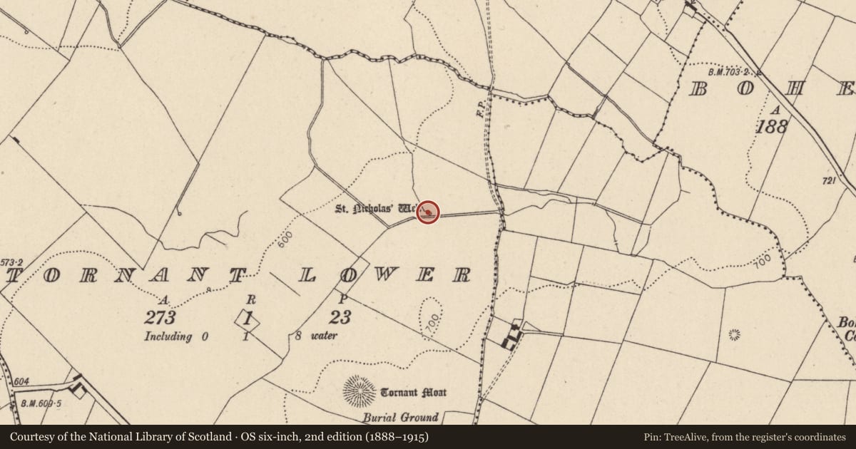 Ordnance Survey six-inch map, 2nd edition (1888–1915) covering the location of Ritual site - holy well, Tornant Lower, County Wicklow, with a pin at the register's coordinates