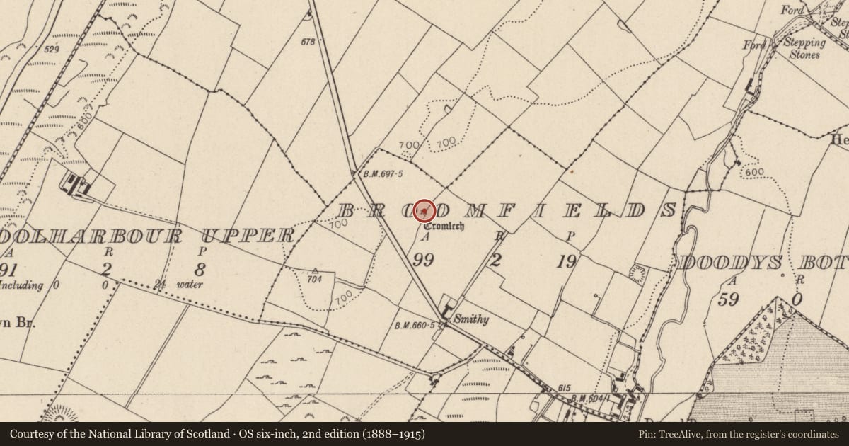 Ordnance Survey six-inch map, 2nd edition (1888–1915) covering the location of Megalithic tomb - portal tomb, Broomfields, County Wicklow, with a pin at the register's coordinates