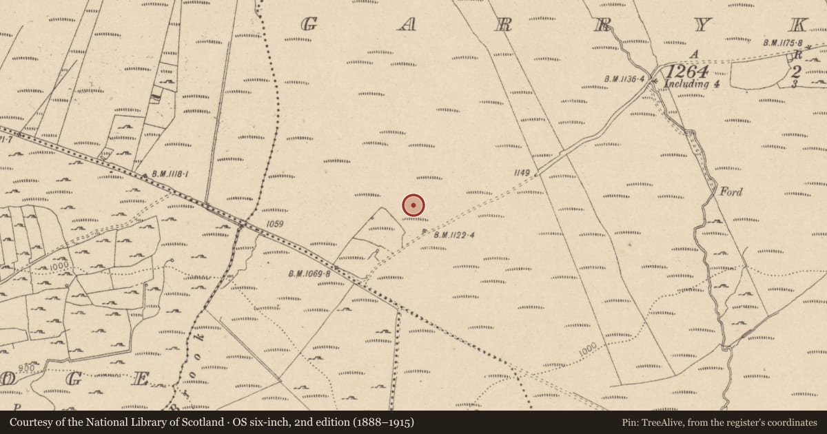 Ordnance Survey six-inch map, 2nd edition (1888–1915) covering the location of Hut site, Garryknock, County Wicklow, with a pin at the register's coordinates