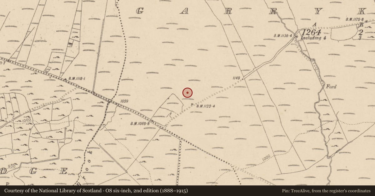 Ordnance Survey six-inch map, 2nd edition (1888–1915) covering the location of Hut site, Garryknock, County Wicklow, with a pin at the register's coordinates