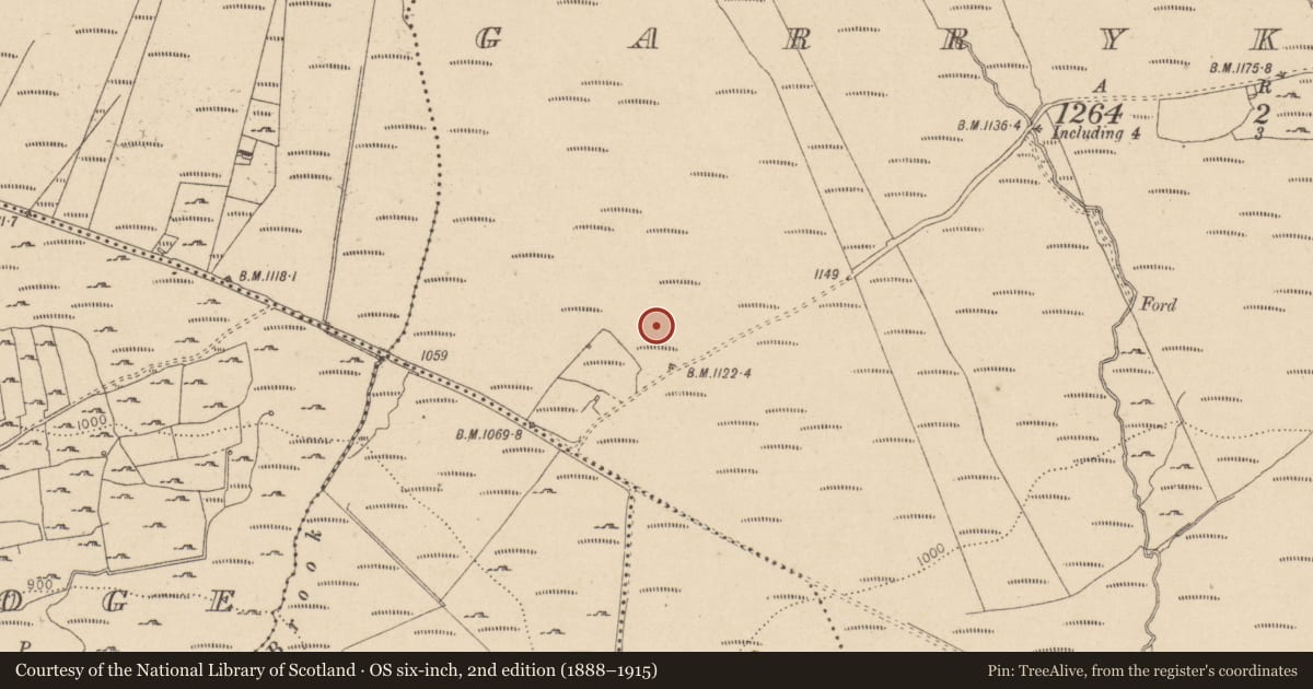Ordnance Survey six-inch map, 2nd edition (1888–1915) covering the location of Hut site, Garryknock, County Wicklow, with a pin at the register's coordinates