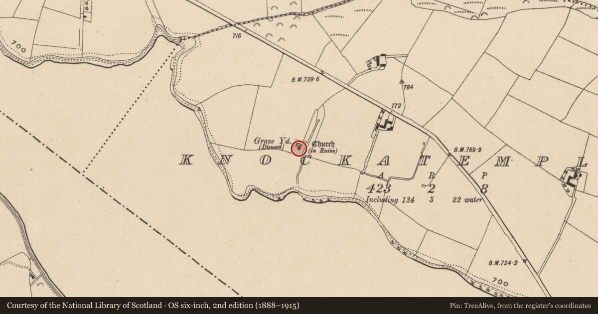 Ordnance Survey six-inch map, 2nd edition (1888–1915) covering the location of Ecclesiastical enclosure, Knockatemple, County Wicklow, with a pin at the register's coordinates