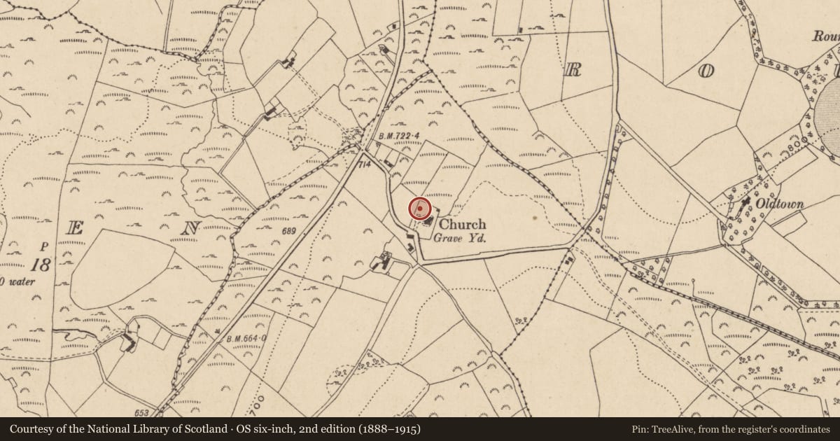 Ordnance Survey six-inch map, 2nd edition (1888–1915) covering the location of Bullaun stone, Ballinacorbeg, County Wicklow, with a pin at the register's coordinates