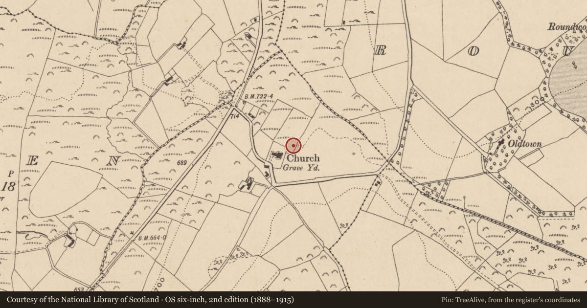 Ordnance Survey six-inch map, 2nd edition (1888–1915) covering the location of Bullaun stone, Ballinacorbeg, County Wicklow, with a pin at the register's coordinates